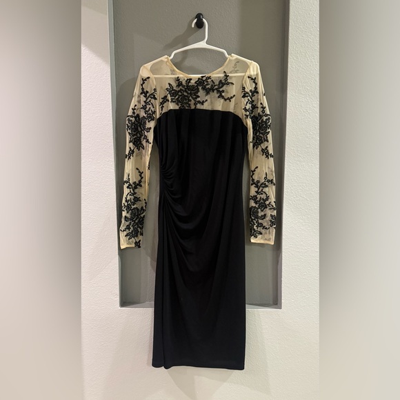 DAVID MEISTER Black Nude Sheer Embroidered Lace Illusion Yoke Sleeves Dress 6 - Picture 2 of 6